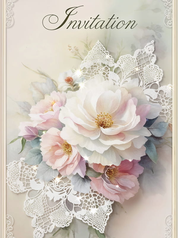 Carte d'invitation élégante avec le mot 'Invitation' en cursive. Un bouquet de pivoines blanches et roses est délicatement orné de dentelle scintillante.