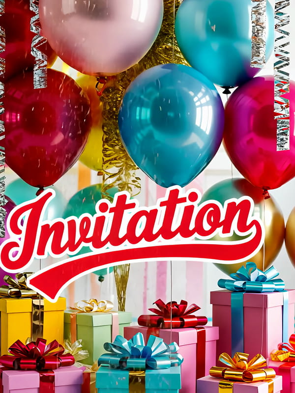 Carte d'invitation festive avec des cadeaux colorés, des ballons dorés scintillants et des serpentins argentés.