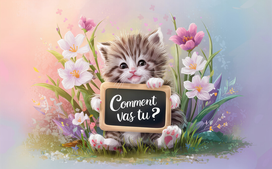 Un chaton tigré pelucheux est assis au milieu de fleurs roses et blanches, tenant une petite ardoise avec l'inscription 'Comment vas-tu ?'.