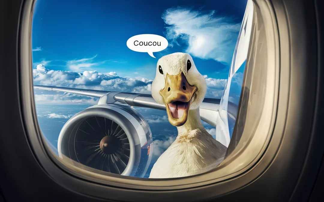 Vue depuis un hublot d'avion, un canard blanc amusant se tient sur l'aile et salue joyeusement au-dessus d'un ciel bleu nuageux.