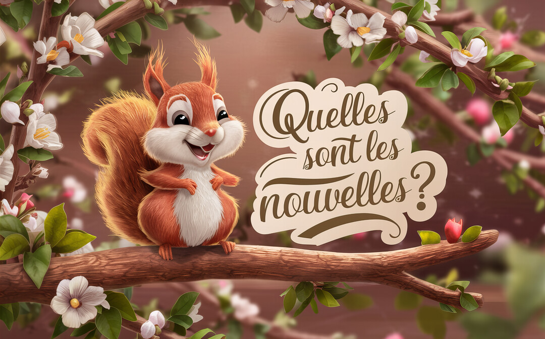 Un écureuil de style cartoon est assis sur une branche fleurie, souriant à côté d'une bulle de texte demandant 'Quelles sont les nouvelles?'.