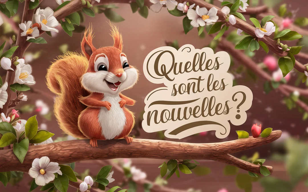 Un écureuil de style cartoon est assis sur une branche fleurie, souriant à côté d'une bulle de texte demandant 'Quelles sont les nouvelles?'.