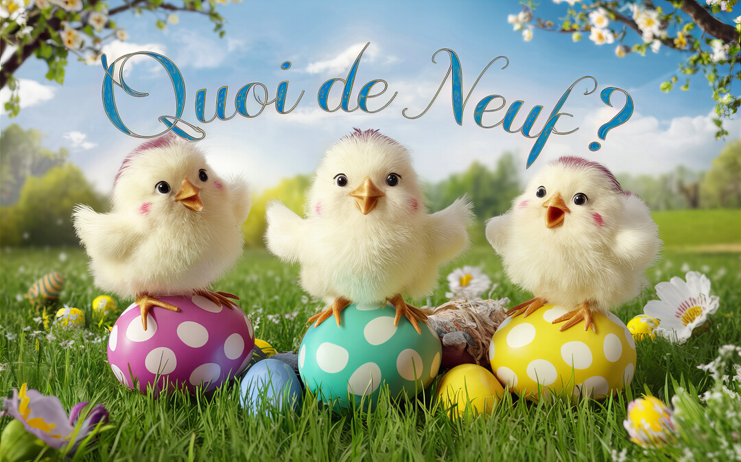 Une scène printanière avec trois poussins en 3D souriants, chacun debout sur un œuf de Pâques à pois dans une prairie verdoyante.