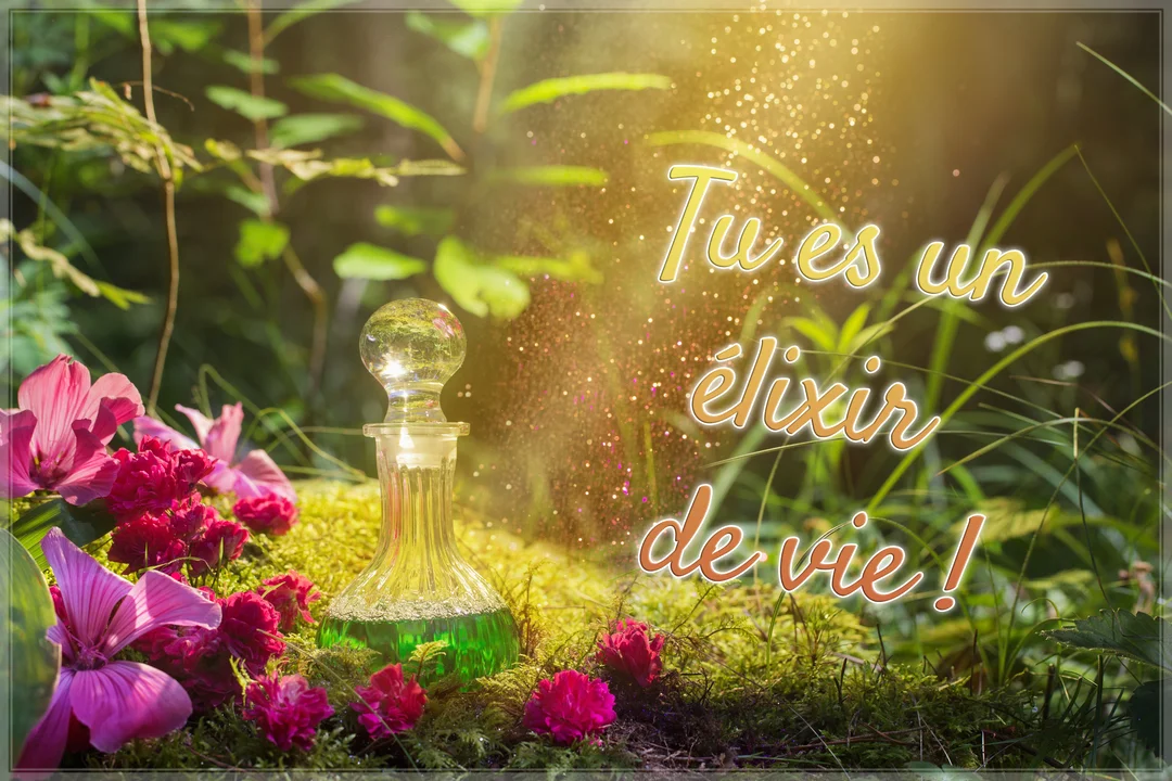 Une fiole de potion verte est posée sur de la mousse dans une forêt enchantée, avec des fleurs roses et des paillettes dorées.
