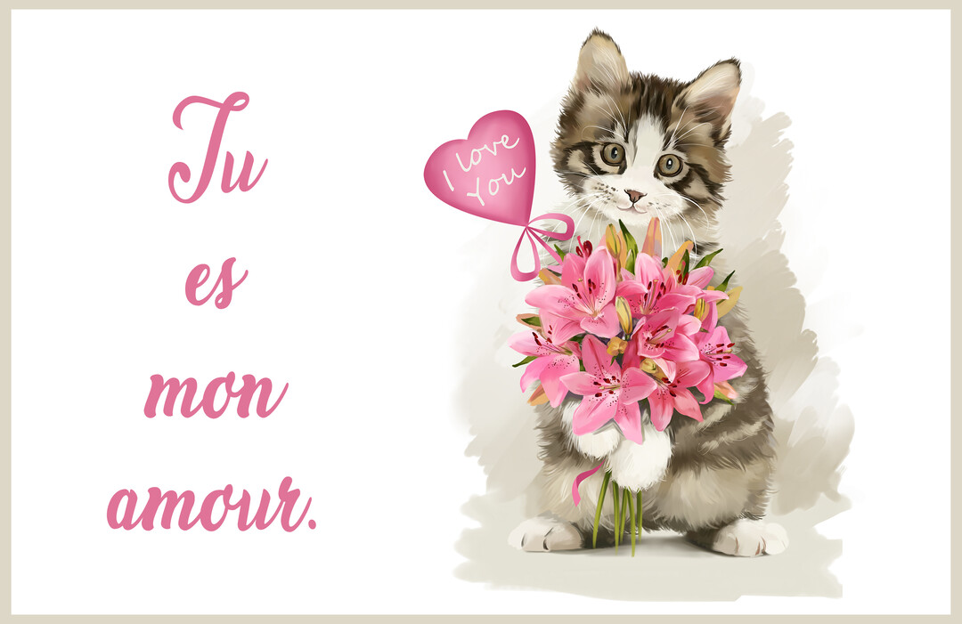 Un chaton illustré, tigré et blanc, est assis et tient tendrement un bouquet de lys roses et un petit cœur où est écrit 'I love you'.