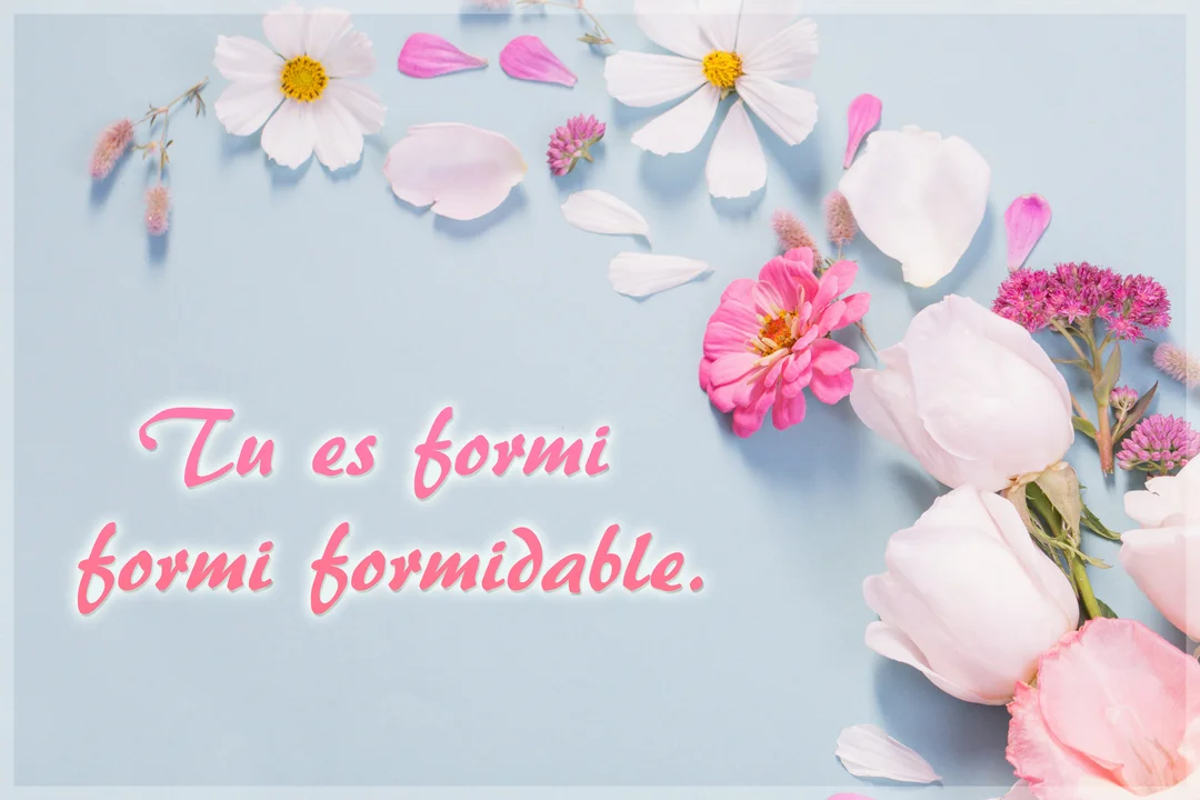 Une composition de fleurs et de pétales roses et blancs est disposée sur un fond bleu pastel, avec une inscription rose au centre.