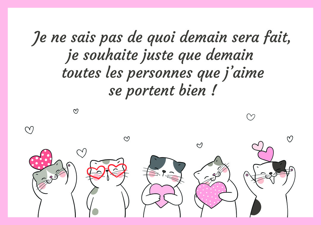 Cinq chats de style dessin animé, alignés, sourient et brandissent des cœurs sous un message d'affection, sur fond blanc avec un cadre rose.