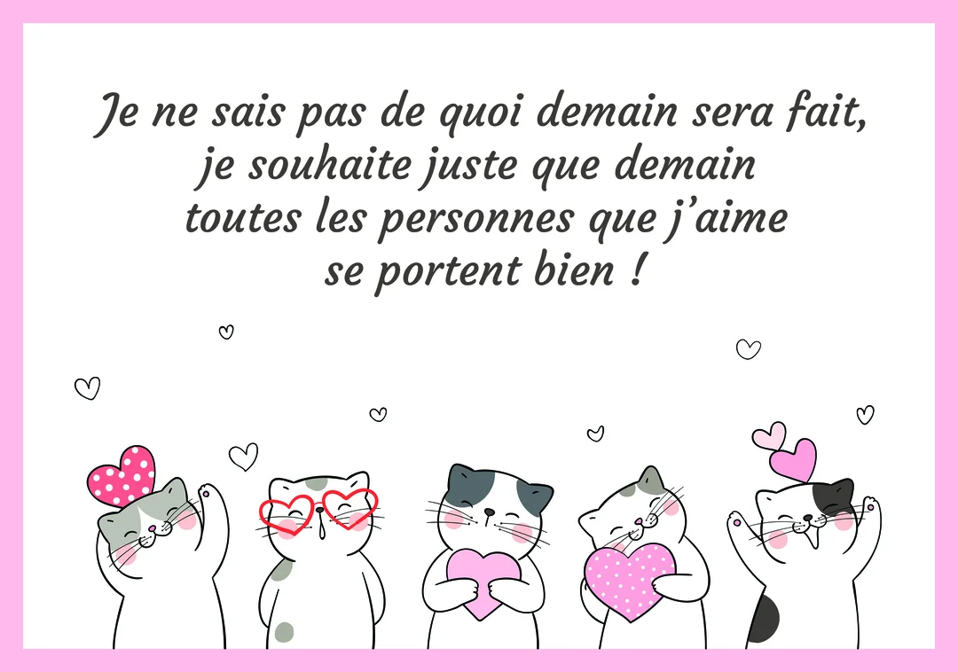 Cinq chats de style dessin animé, alignés, sourient et brandissent des cœurs sous un message d'affection, sur fond blanc avec un cadre rose.