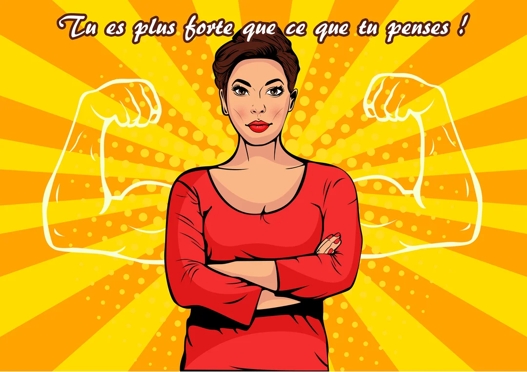 Cette carte de style pop art montre une femme confiante, bras croisés, avec des biceps dessinés en surimpression sur un fond jaune éclatant.