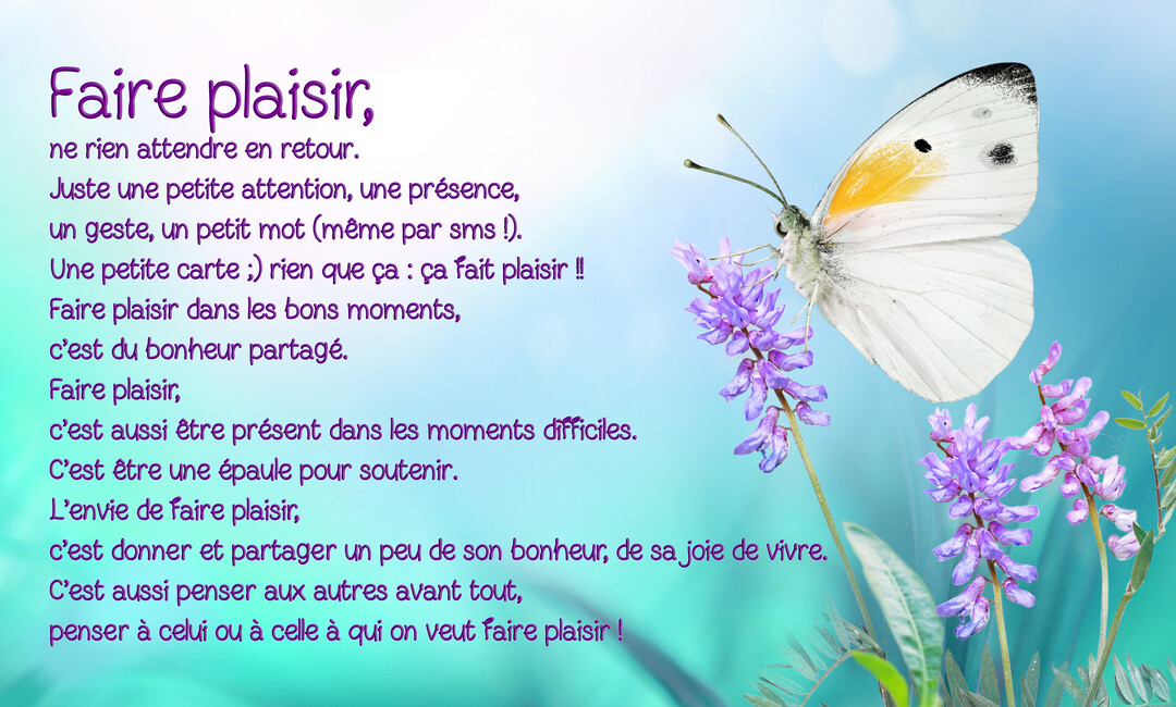 Un papillon blanc et jaune se pose sur des fleurs violettes, à côté d'un poème inspirant sur un fond bleu dégradé.