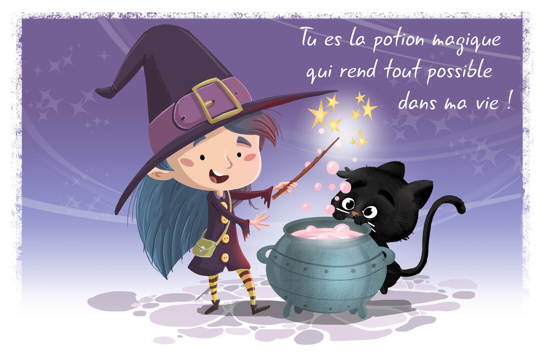 Une illustration d'une petite sorcière aux cheveux bleus et son chat noir préparant une potion rose dans un chaudron sous un ciel nocturne étoilé.