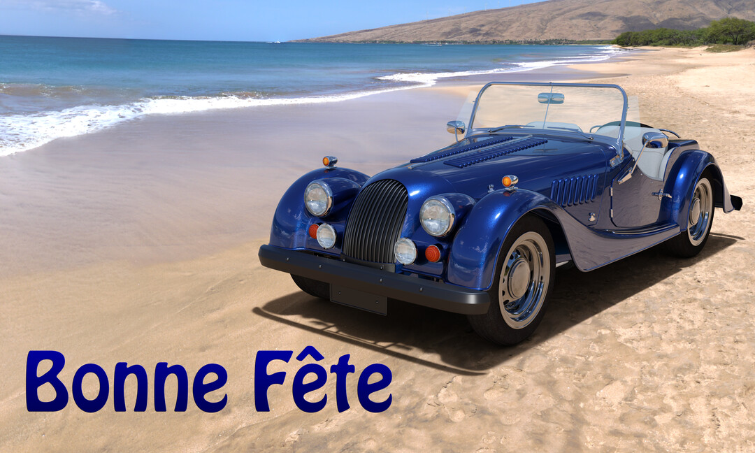 Une voiture de sport vintage de couleur bleue est stationnée sur une plage de sable, avec l'océan et une côte en arrière-plan.