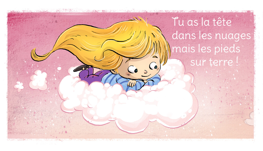 Une illustration d'un enfant souriant aux longs cheveux blonds, flottant sur un nuage blanc sur un fond texturé de couleur rose et violet.