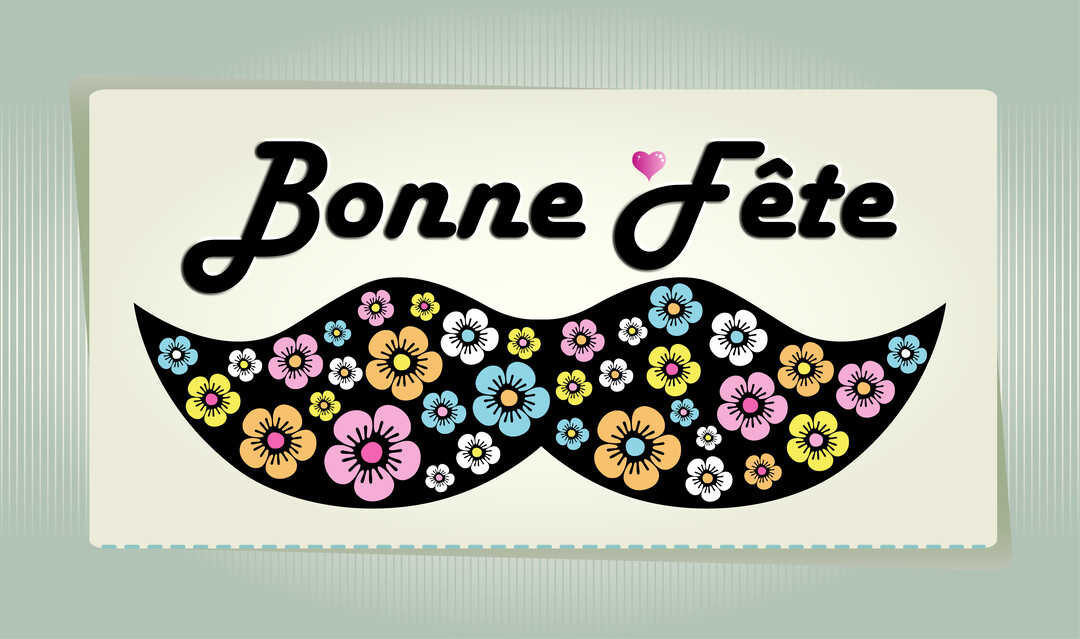 Une carte de vœux sur fond vert pâle rayé, affichant le texte 'Bonne Fête' au-dessus d'une grande moustache noire à motifs floraux.