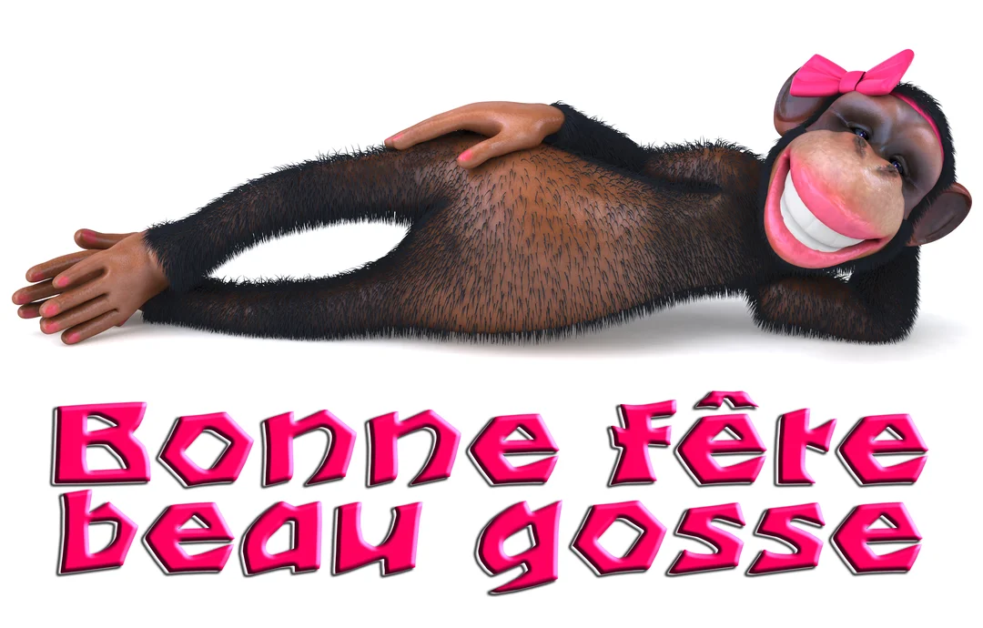 Un personnage de singe féminisé avec un nœud rose et du vernis, allongé dans une pose séductrice sur un fond blanc uni.