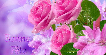 Carte de bonne fête illustrée d'un bouquet de roses roses et de fleurs mauves scintillantes sur un fond violet dégradé.