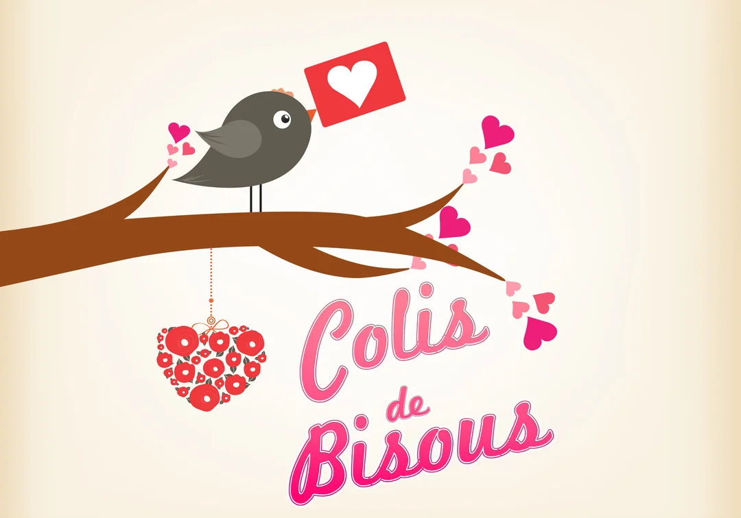 Un oiseau gris est perché sur une branche, tenant dans son bec une lettre rouge avec un cœur blanc, illustrant un envoi d'affection.