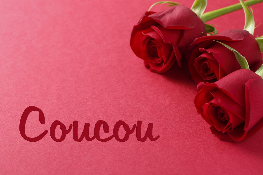 Une photographie en gros plan de trois roses rouges reposant dans le coin supérieur droit sur un fond rouge avec le mot 'Coucou'.
