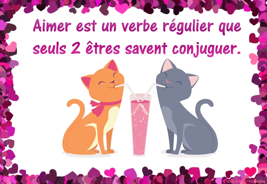 Une illustration de deux chats souriants partageant une boisson rose avec deux pailles, sous une citation romantique sur un fond blanc bordé de cœurs.