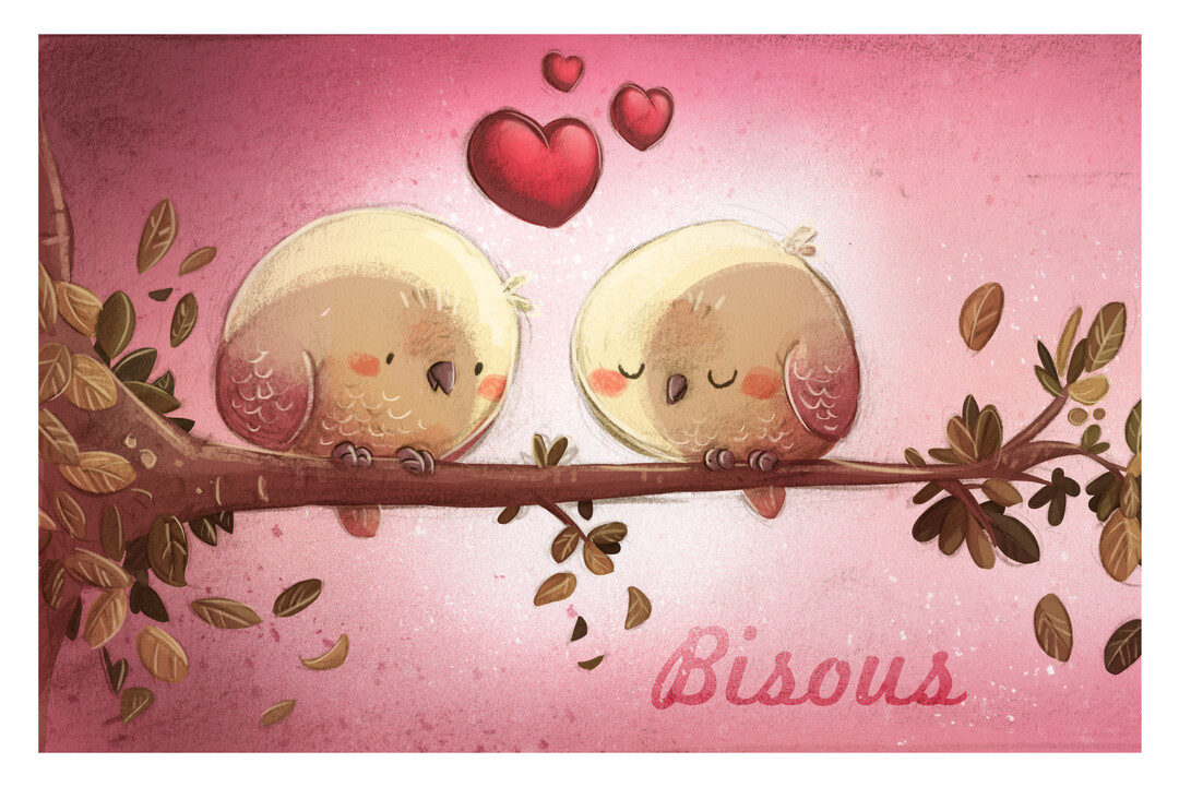 Deux oiseaux mignons de style dessin animé sont perchés côte à côte sur une branche, avec des cœurs au-dessus et le mot 'Bisous'.