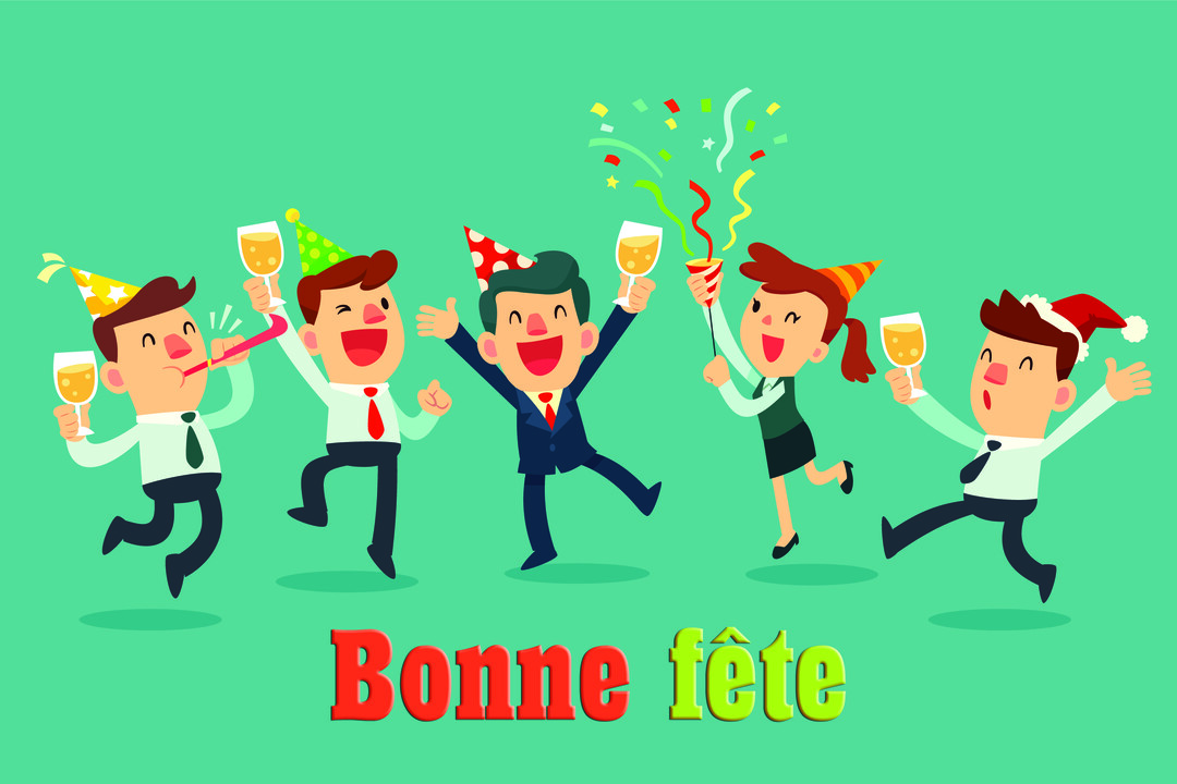 Un groupe de cinq personnages de dessin animé en tenue de bureau saute de joie en célébrant avec du champagne et des confettis.