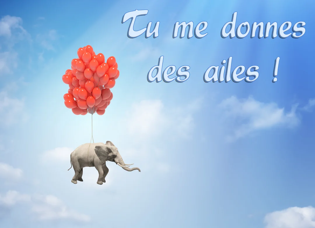 Un éléphant gris est suspendu dans un ciel bleu nuageux, soulevé par un énorme bouquet de ballons de baudruche rouges.