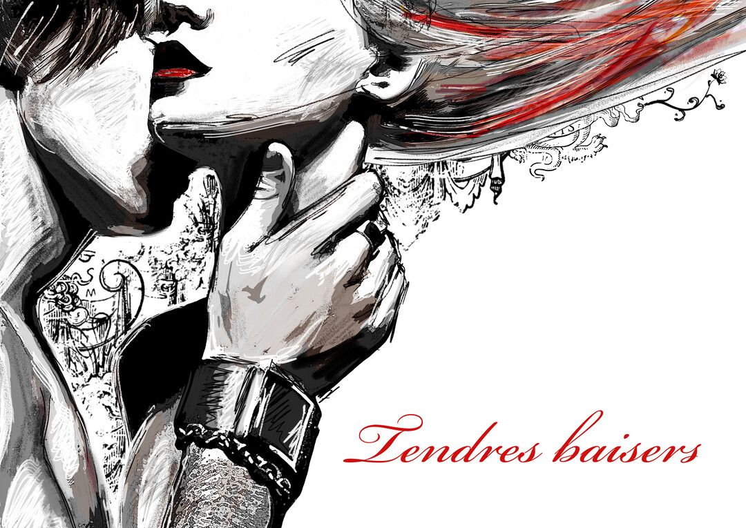 Un couple s'embrasse passionnément dans un style artistique en noir et blanc, avec des touches de rouge sur les lèvres et dans les cheveux.