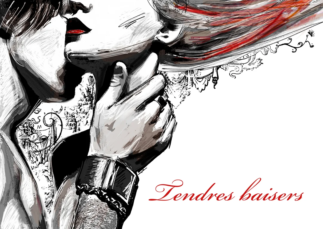 Un couple s'embrasse passionnément dans un style artistique en noir et blanc, avec des touches de rouge sur les lèvres et dans les cheveux.