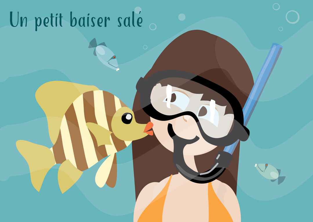 Sur cette carte, une femme en tenue de plongée sous l'eau sourit alors qu'un poisson à rayures jaunes l'embrasse sur les lèvres.