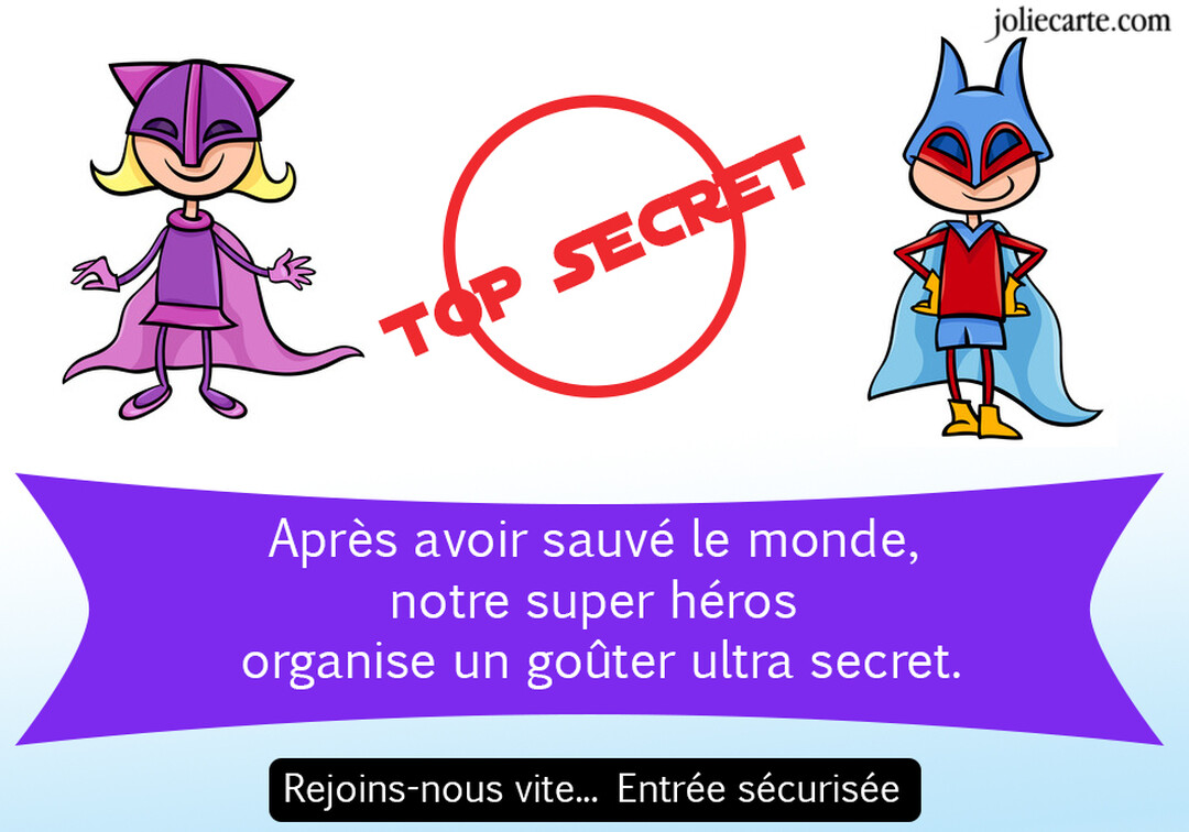 Une illustration de style dessin animé montre un garçon et une fille en costumes de super-héros, avec un tampon rouge 'Top Secret' entre eux.