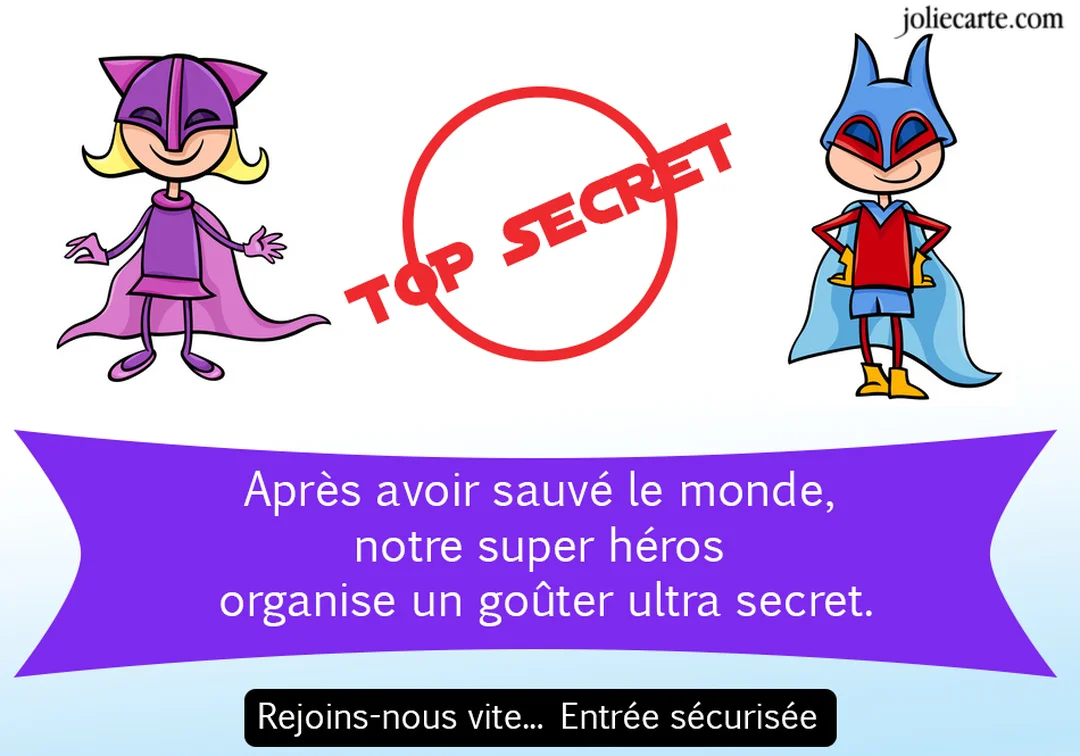 Une illustration de style dessin animé montre un garçon et une fille en costumes de super-héros, avec un tampon rouge 'Top Secret' entre eux.