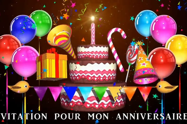 Carte d'invitation pour un anniversaire avec une scène festive : gâteau, bougie allumée, ballons colorés, cadeaux et confettis.