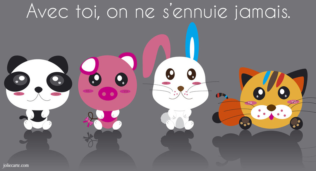 Quatre animaux stylisés et mignons, un panda, un cochon, un lapin et un chat, sont alignés sur un fond gris uni avec leur reflet.