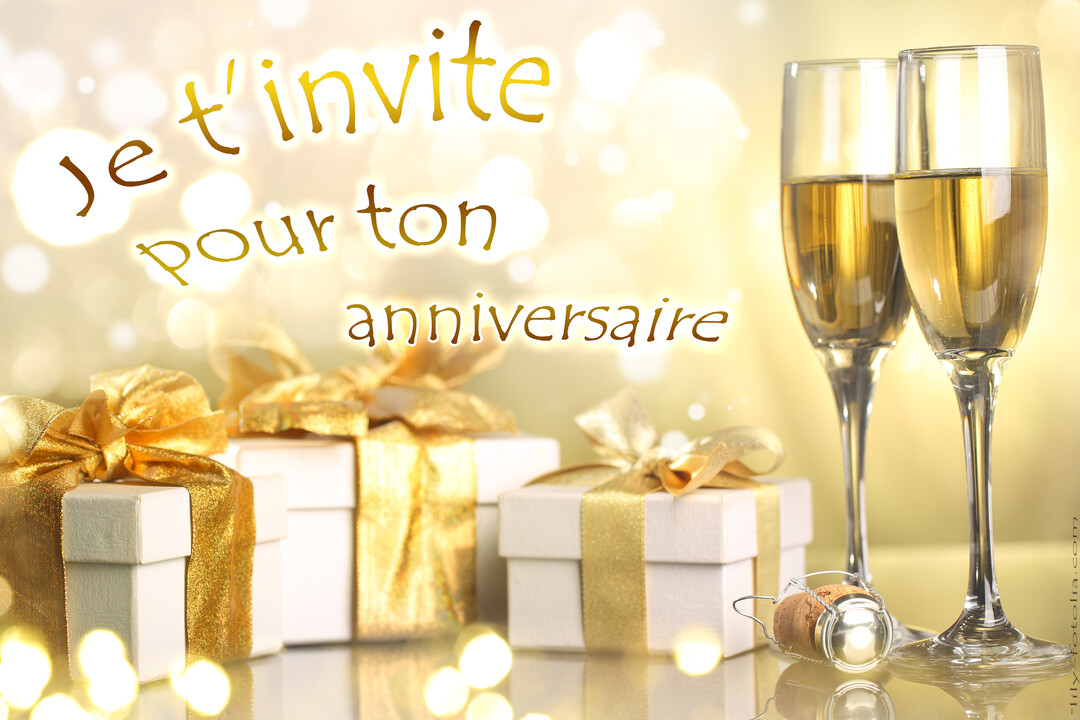 Une scène de fête avec deux coupes de champagne, des paquets cadeaux blancs et or, et le texte 'Je t'invite pour ton anniversaire'.