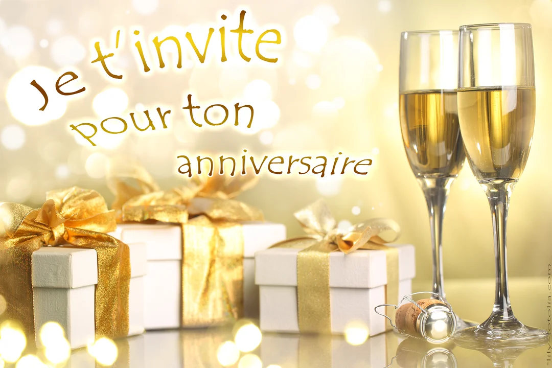 Une scène de fête avec deux coupes de champagne, des paquets cadeaux blancs et or, et le texte 'Je t'invite pour ton anniversaire'.