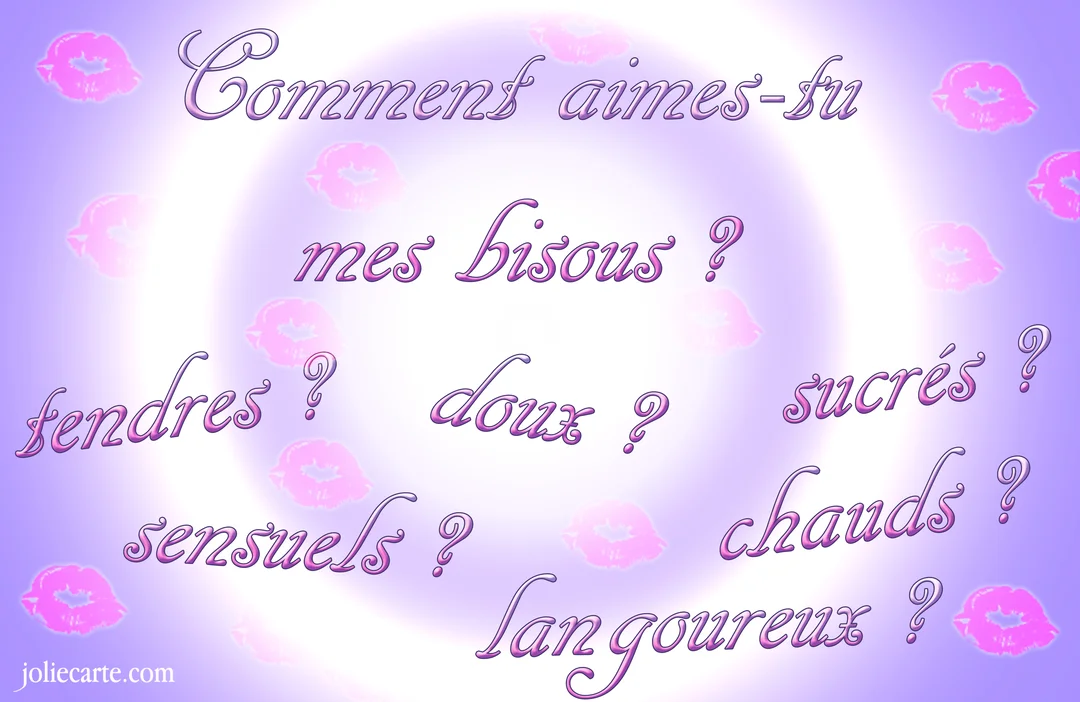 Une question amoureuse sur les bisous est écrite en police cursive violette sur un fond dégradé parme, avec des empreintes de lèvres roses.