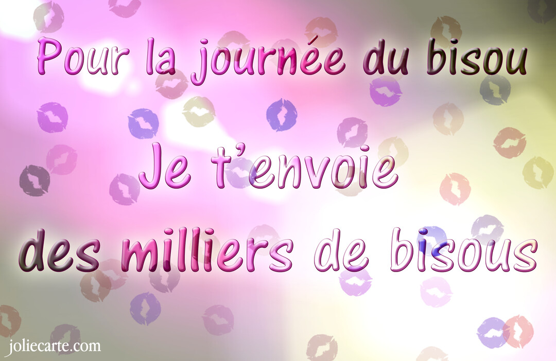 Une carte festive avec un message d'affection écrit en rose sur un fond clair et scintillant, décoré de multiples empreintes de lèvres colorées.