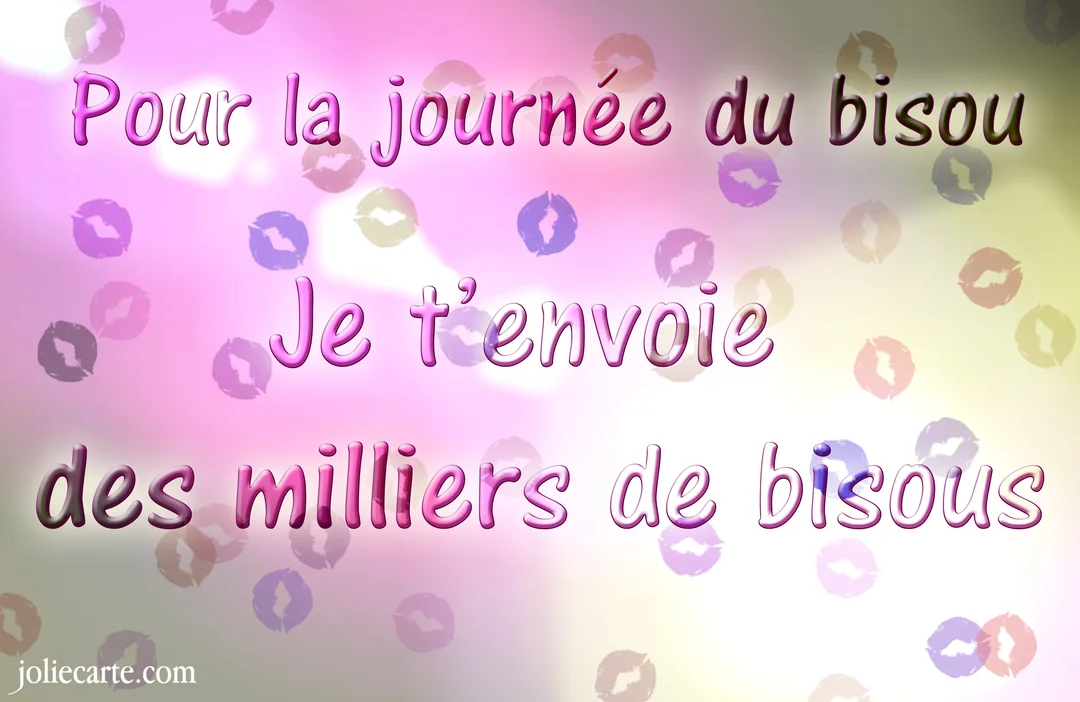 Une carte festive avec un message d'affection écrit en rose sur un fond clair et scintillant, décoré de multiples empreintes de lèvres colorées.