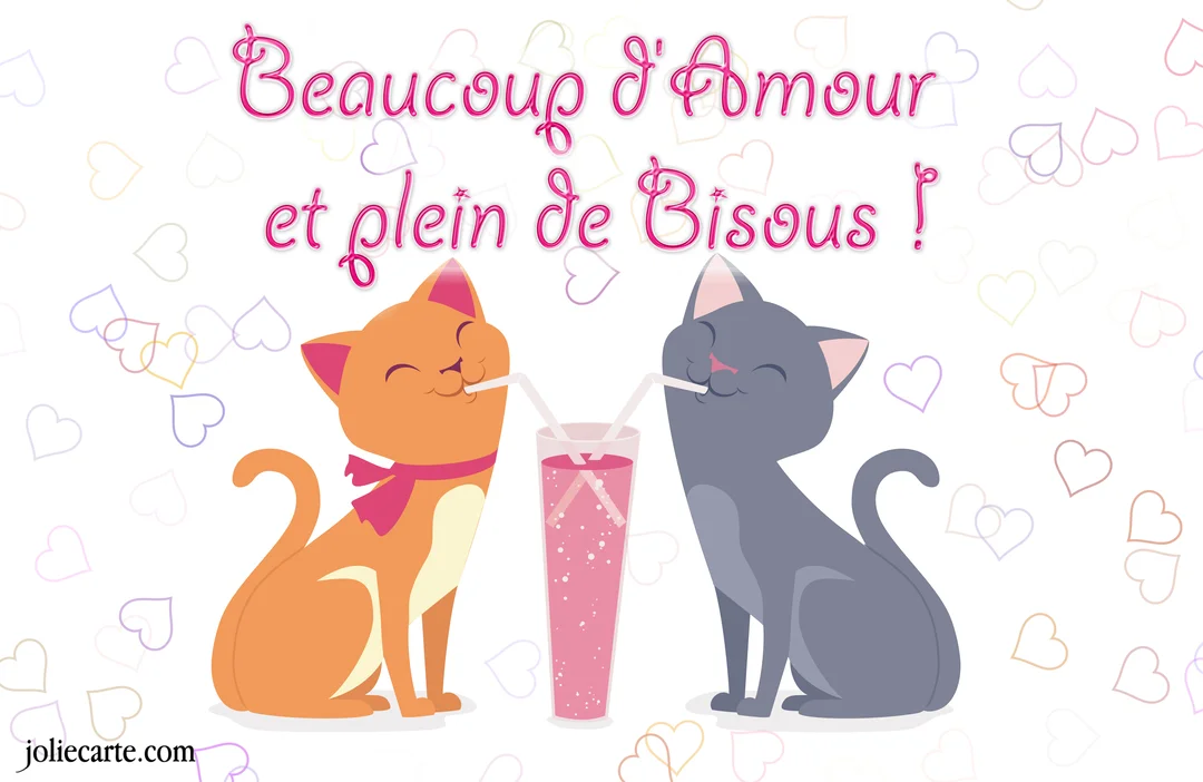 Deux chats de dessin animé, l'un orange et l'autre gris, boivent dans le même verre avec des pailles, sur un fond de cœurs.