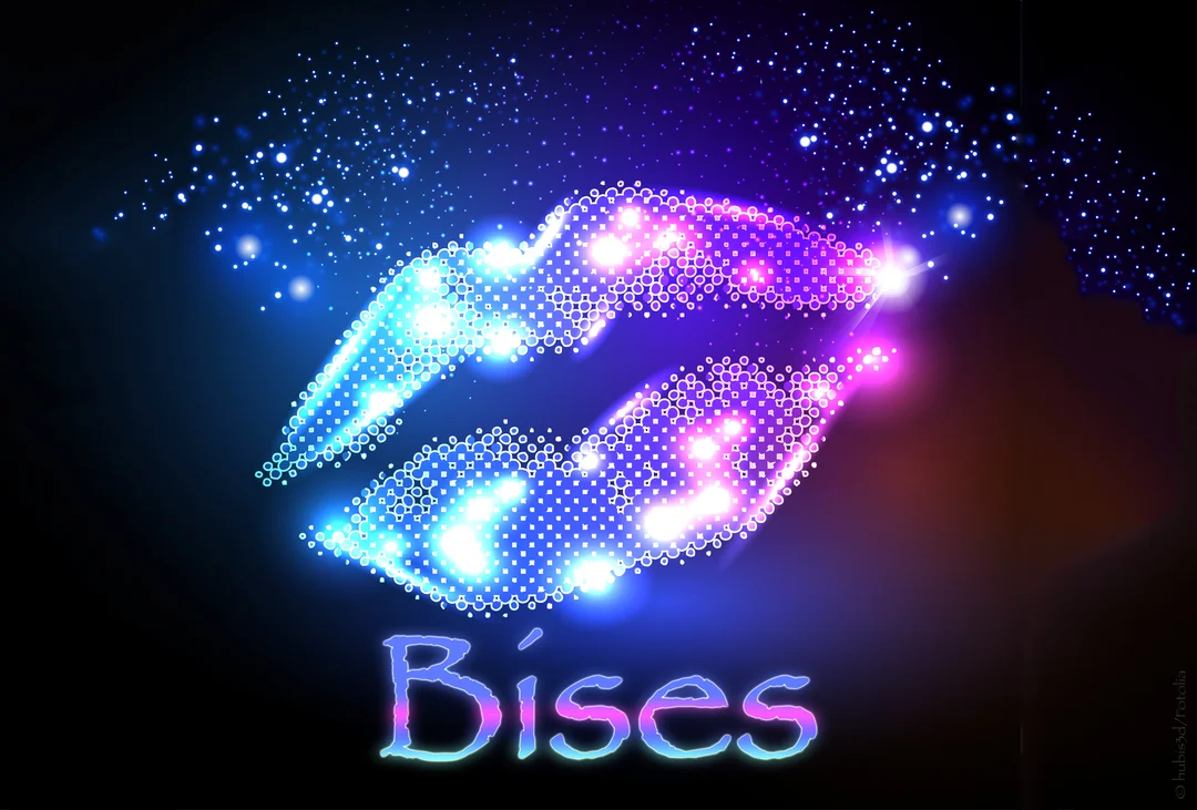 Une illustration numérique de lèvres scintillantes, composées de points lumineux bleus et violets, avec le mot 'Bises' écrit en dessous sur fond noir.