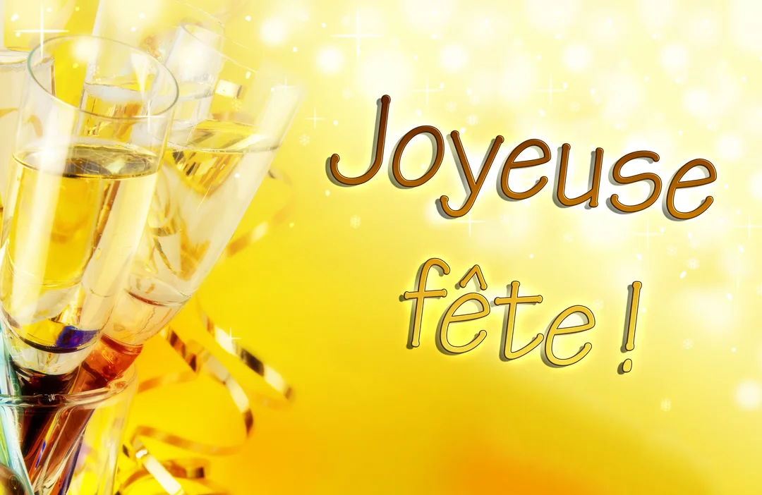 Des flûtes remplies de champagne sur un fond jaune doré scintillant avec l'inscription 'Joyeuse fête' en lettres stylisées et ombrées.