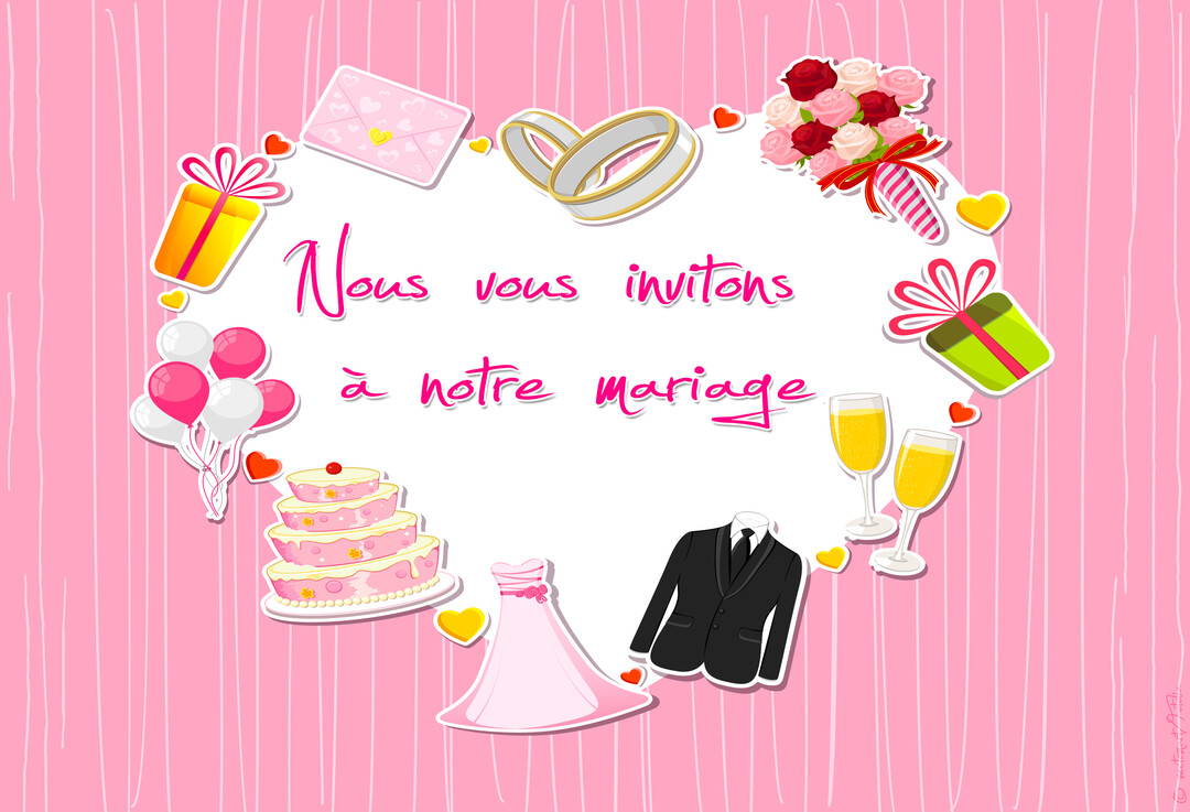 Une composition festive d'icônes de mariage (alliances, gâteau, robe) formant un cœur autour du texte central d'invitation sur un fond rose.