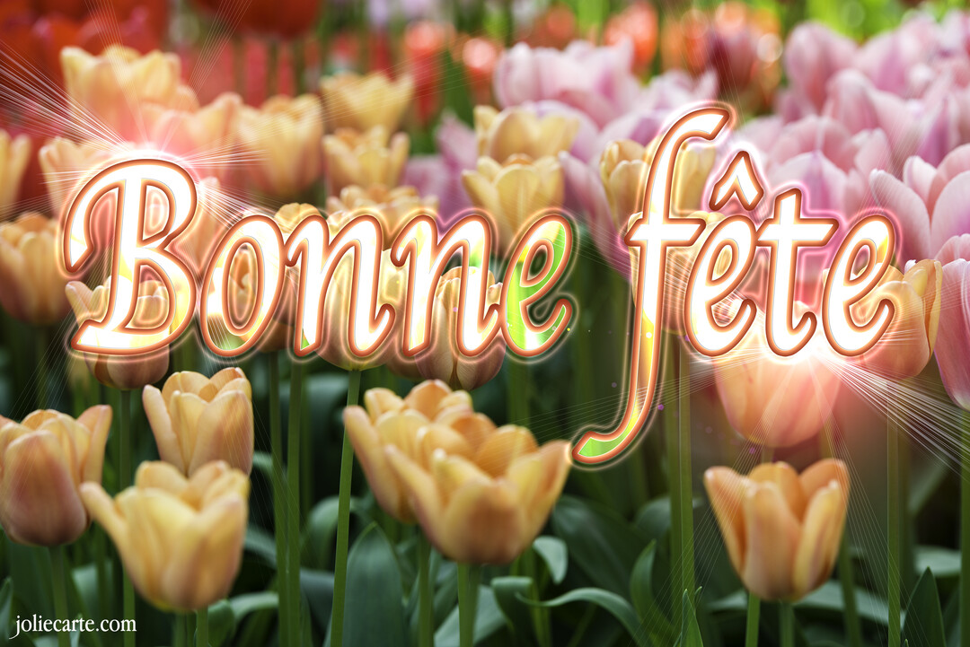 Un parterre de tulipes multicolores sert de fond au message 'Bonne fête' écrit en lettres cursives, lumineuses et dorées au centre de la carte.