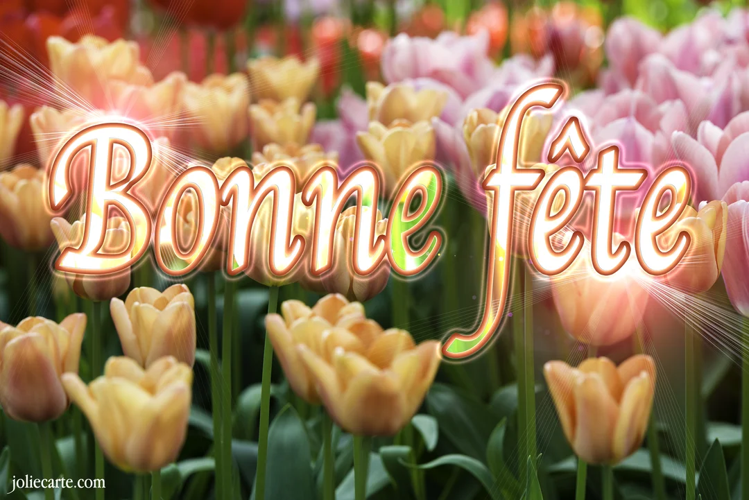 Un parterre de tulipes multicolores sert de fond au message 'Bonne fête' écrit en lettres cursives, lumineuses et dorées au centre de la carte.