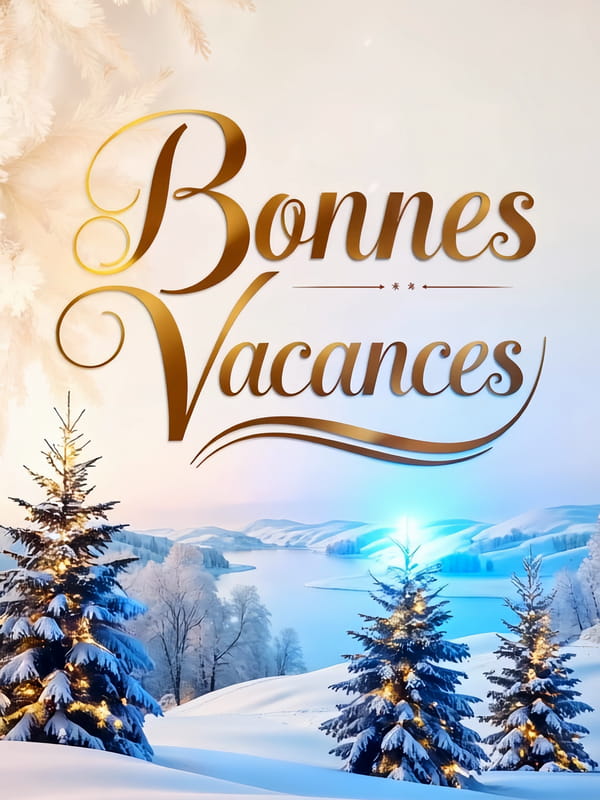 Carte 'Bonnes Vacances' avec une typographie dorée sur un paysage d'hiver enneigé, montrant un lac gelé et des sapins illuminés.