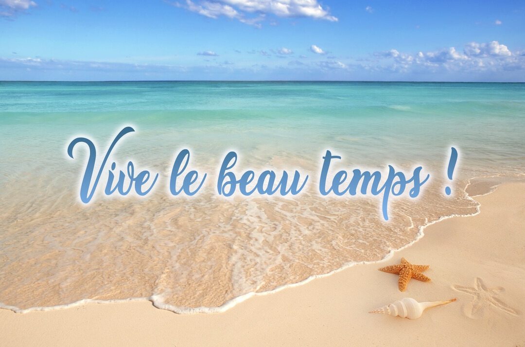 Paysage de plage paradisiaque avec une mer turquoise, un ciel bleu, du sable doré, une étoile de mer et un coquillage au premier plan.