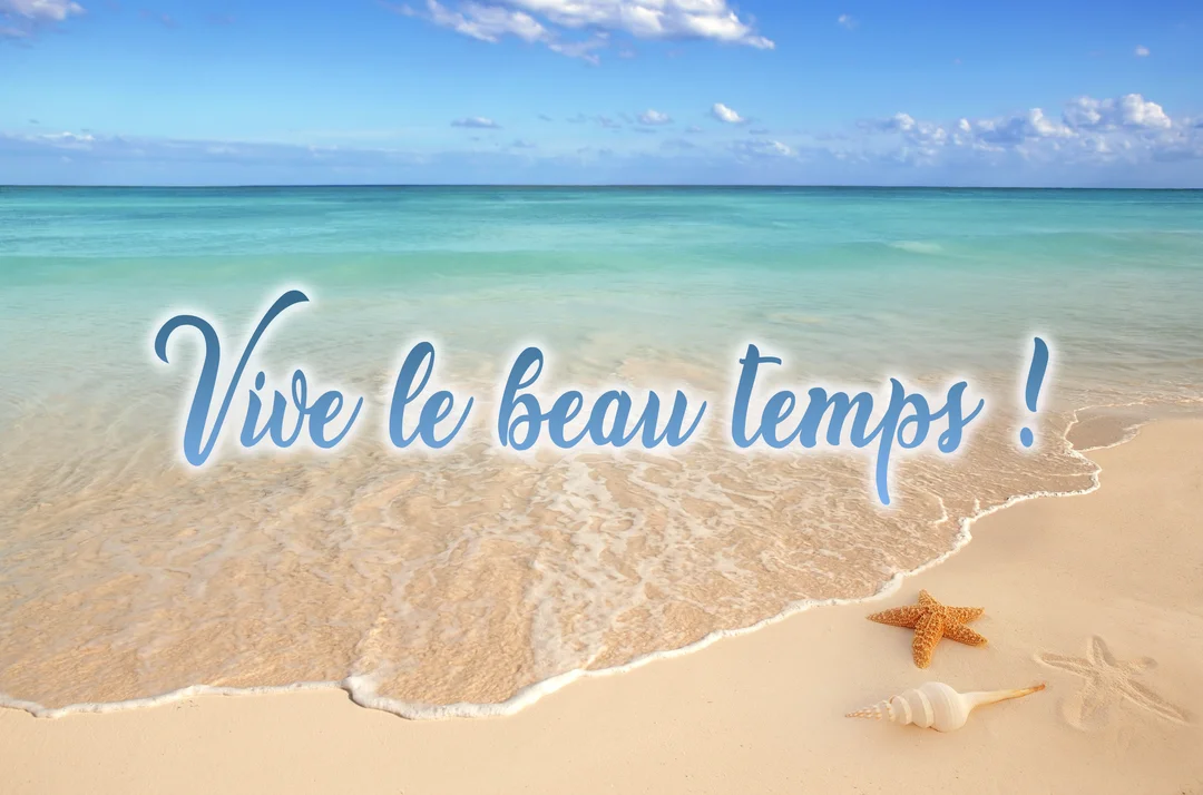 Paysage de plage paradisiaque avec une mer turquoise, un ciel bleu, du sable doré, une étoile de mer et un coquillage au premier plan.