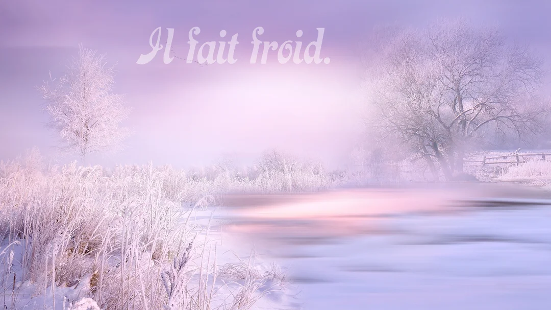 Un paysage d'hiver brumeux et givré aux couleurs pastel, avec des arbres et des herbes couverts de neige près d'un lac gelé.