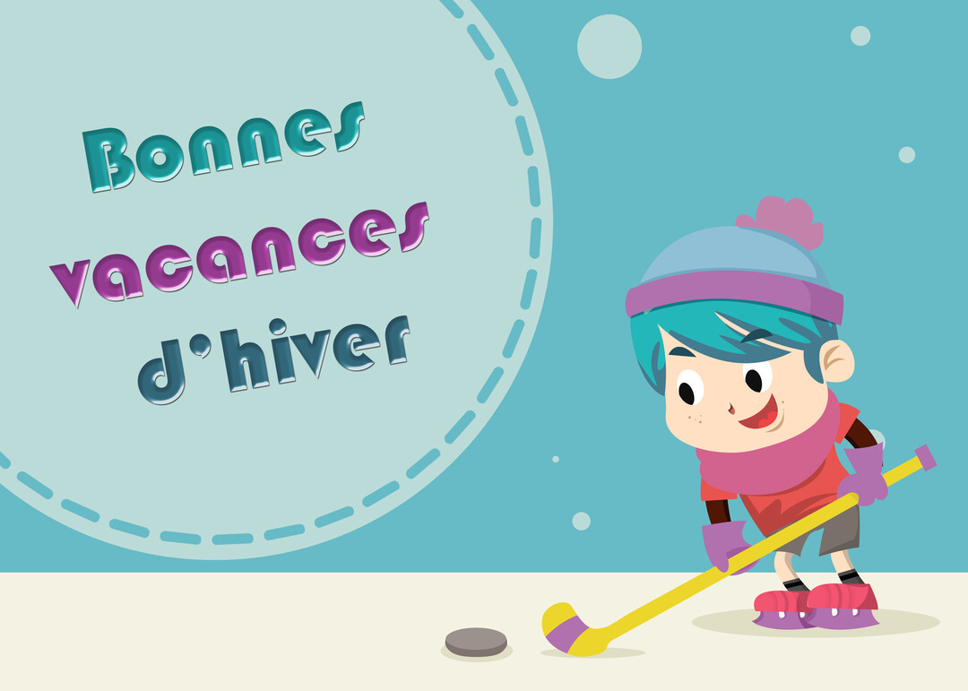 Cette carte représente un jeune garçon souriant avec un bonnet et une écharpe, jouant au hockey sur glace sous une légÚre chute de neige.