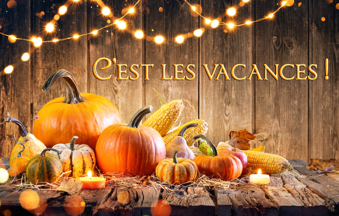 Une nature morte automnale sur une table en bois avec des citrouilles, du maïs et des bougies, sous une guirlande lumineuse scintillante.